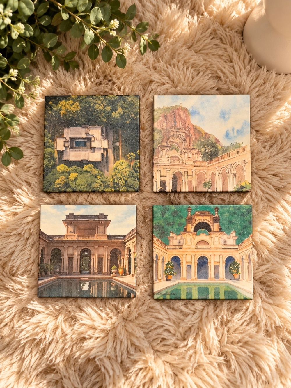 Set of 4 Architectural Magnets Or Coasters in Beige and Green